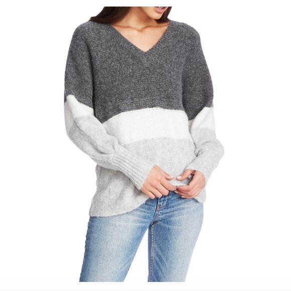 1. State Sweaters - 1.STATE Stripe V-Neck Tunic Ribbed Jersey Sweater